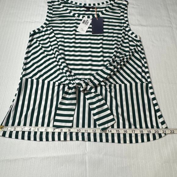 NWT SKIES ARE BLUE Top L Green White Stripe Sleeveless Tie Waist Soft Knit - Picture 2 of 7